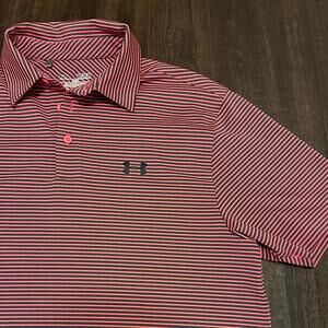 Under Armour Pink and Gray Striped Heat Gear Polo Size Medium